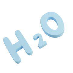 3D cartoon chemical formula H₂O tilted left, isolated on white background, playful water molecule symbol for chemistry, science research, laboratory, and educational learning activities.