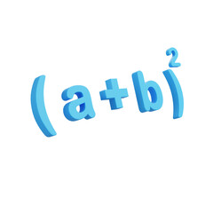 3D cartoon algebra binomial formula (a+b) squared in blue text, isolated on white background, fun math education symbol for equations, algebra, and science learning.
