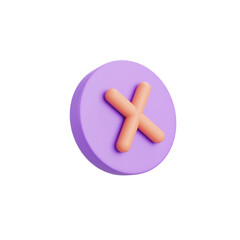 3D cartoon purple X cross inside a circle, isolated on white background, playful math and education icon symbolizing wrong answer, cancel, or error sign.