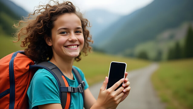 Adventurous traveler showcasing mobile technology during hiking trip