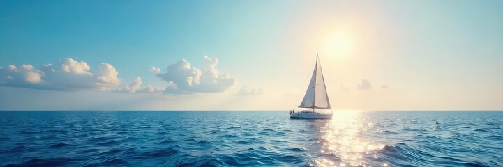 Fototapeta premium A lone sailboat glides across a vast, tranquil ocean under a brilliant, cloudless sky The image evokes feelings of peace, freedom, and the beauty of solitude at sea , ocean, adventure, sea