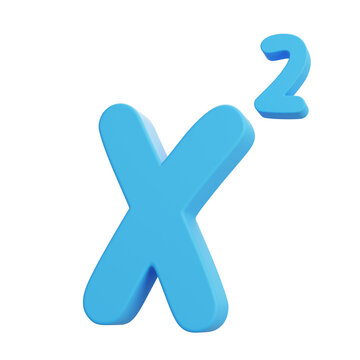 3D cartoon shiny blue X squared exponent formula, isolated on white background, education symbol for algebra, mathematics equations, science learning, and playful study icons.