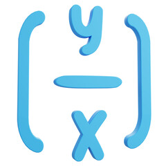 Obraz premium 3D cartoon math fraction formula y divided by x in rounded blue parentheses, isolated on white background, playful education symbol for math, algebra, and science.