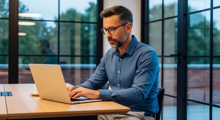 Man with glasses working on a laptop in an office with a large window and natural light coming in