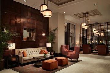Hotel lobby, classic style. Warm lighting,  dark wood paneling