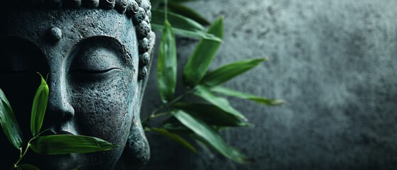 Fototapeta premium Meditative Buddha Statue Surrounded by Bamboo Tranquil Indoor Space Close-up Perspective
