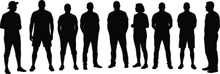 Group of people silhouette, men and women standing, diverse crowd, human figures, teamwork, unity, community, social gathering, black vector illustration
