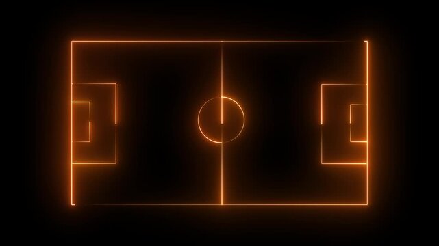 Animation of neon sports stadium on black background with neon lights match football isometric field video animation, Soccer field stadium or football lawn with panoramic.4K video