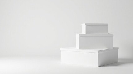 Three pristine white boxes arranged in a minimalist ascending display against a bright white background