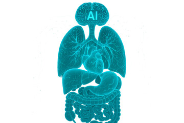 A stylized, glowing blue anatomical illustration of the human torso and head, with "AI" prominently displayed within the brain, symbolizing the intersection ...