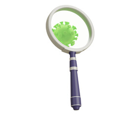 3D cartoon magnifying glass focusing on green germ virus, isolated on white background, playful icon for biology, infection, science, and research.