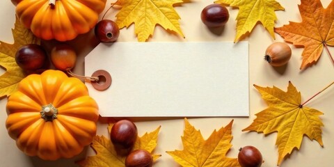 Autumnal Tag with Pumpkins and Maple Leaves A Festive Fall Background