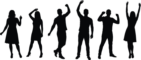 Group of people silhouette, men and women waving hands, standing poses, social gathering, teamwork, unity, friendship, society, celebration, black vector illustration