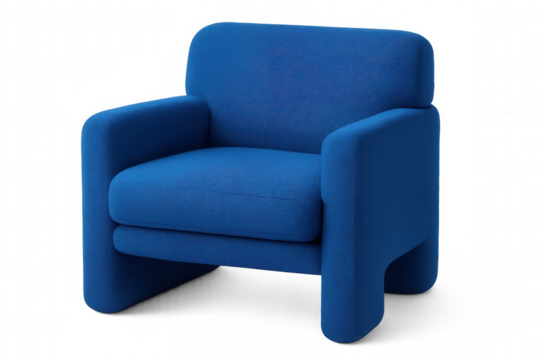Sleek blue armchair with contemporary design, floating on transparent backdrop, ideal for minimalist interior rendering and graphic visualization needs