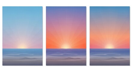 Triptych of Abstract Sunset Over Ocean: Serene, Minimalist, Geometric, Gradient Colors.