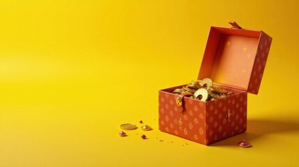 A Treasure Chest Overflowing with Golden Coins and Jewels on a Vibrant Yellow Background