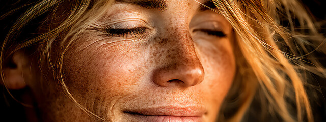 close-up of a person's serene face, eyes closed in peaceful contemplation, soft golden light