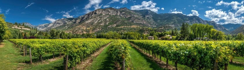 Fototapeta premium Green field with vineyard rows for harvesting concept. Vast vineyard landscape under a bright blue sky with mountains.