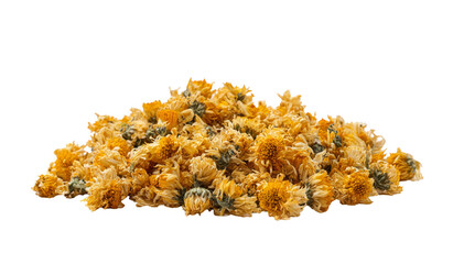 dried chrysanthemum flowers pile on white background.