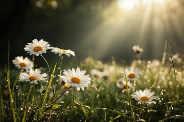 Dew-kissed daisies bathed in morning sunlight