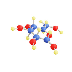 3D cartoon molecular structure with colorful connected atoms, isolated on white background, playful science illustration for chemistry, biology, medicine, education, and research.