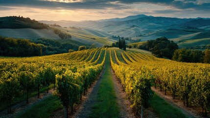 Naklejka premium Green field with vineyard rows for harvesting concept. Scenic vineyard landscape under a dramatic sunset sky.