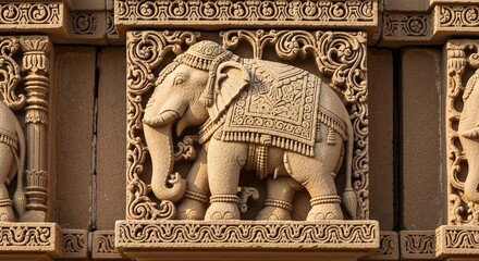 Detailed stone carving of an elephant on a Hindu temple in India.