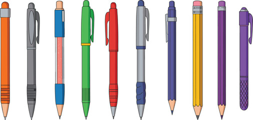 Colorful collection of pens and pencils, assorted stationery supplies for school and office, isolated on white background, detailed illustration