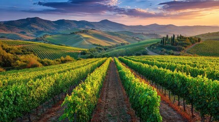 Fototapeta premium Green field with vineyard rows for harvesting concept. Breathtaking vineyard landscape under a vibrant sunset sky.
