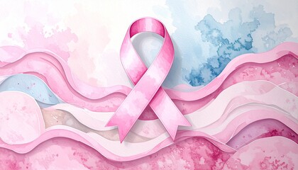 Pink ribbon symbol on a watercolor background representing breast cancer awareness.