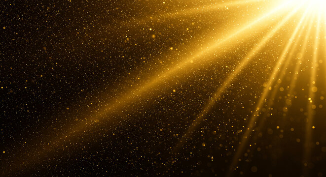 Um feixe de luz dourada iluminando part&iacute;culas de poeira brilhante, Fundo de part&iacute;culas