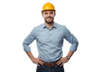 Confident engineer with a smile, wearing a yellow helmet standing against a pure visual background