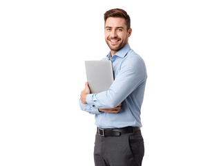 Confident businessman holding laptop with friendly smile isolated on transparent space