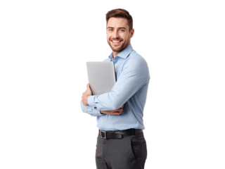 Confident businessman holding laptop with friendly smile isolated on transparent space