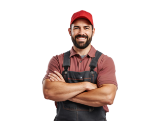 Confident technician wearing overalls and a red cap, isolated against a plain setting