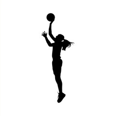 Silhouette of a female basketball player jumping and extending her arm to shoot or lay up the ball. Perfect for sports graphics, vector illustrations, posters, and basketball-themed designs.