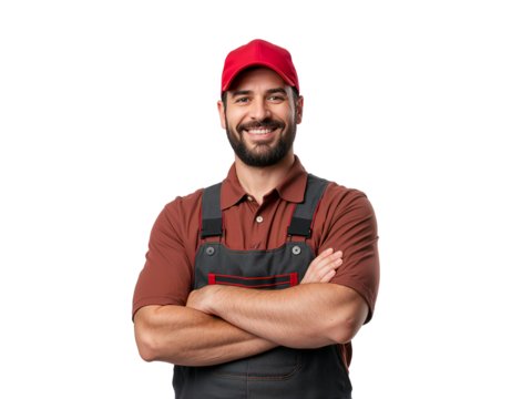 Confident handyman with welcoming smile ready to assist on transparent backdrop for versatile