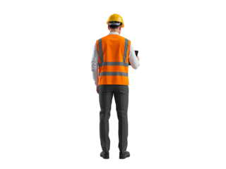 Construction worker stands observing site activities in safety vest on transparent backdrop