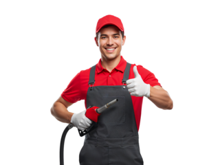 Cheerful gas station attendant with a friendly smile holding nozzle fuel and giving a thumbs up on