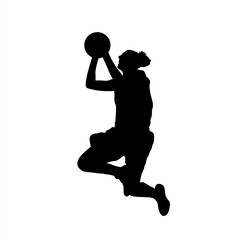 Silhouette of a female basketball player jumping while holding the ball, perfect for sports graphics, vector illustrations, posters, and basketball-related designs.