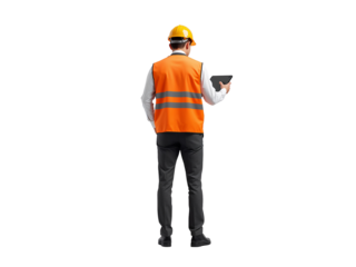 Isolated construction worker with tablet wearing safety vest on transparent design element