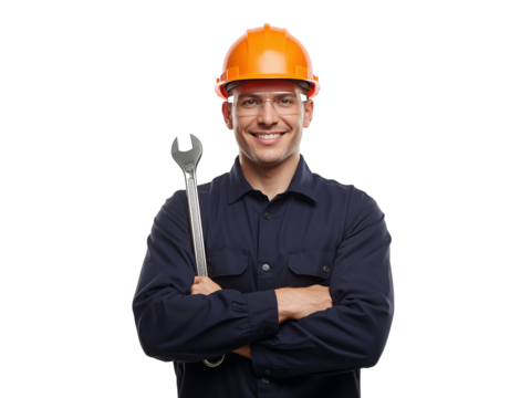 Portrait of Confident Construction Worker with Tool on Isolated Transparent Background