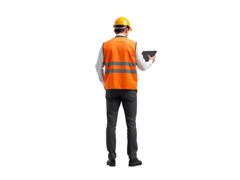 Isolated construction worker with tablet wearing safety vest on transparent design element