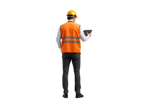 Isolated construction worker with tablet wearing safety vest on transparent design element