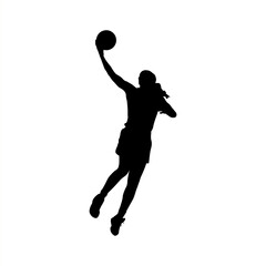 Black silhouette of a female basketball player jumping with the ball, performing an action pose. Perfect for sports illustrations, vector graphics, posters, and athletic apparel designs.