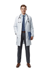 Smiling physician standing confidently in a laboratory coat professional healthcare provider