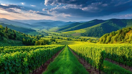 Fototapeta premium Green field with vineyard rows for harvesting concept. Breathtaking landscape of rolling vineyards under a cloudy sky.