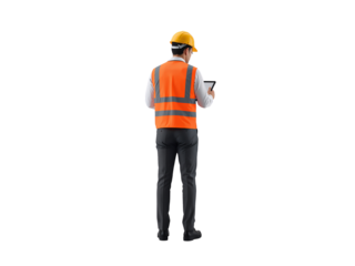 Construction Supervisor Reviewing Digital Tablet Isolated on Transparent Canvas