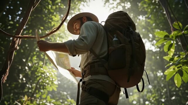 Lost in the jungle? Man navigates adventure with detailed map and backpack under jungle canopy