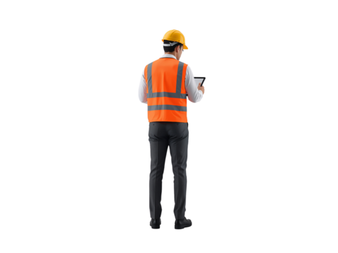 Construction Supervisor Reviewing Digital Tablet Isolated on Transparent Canvas